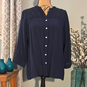 NY Collection Petite Lace Yoke Shoulder Blouse